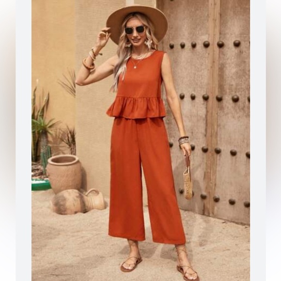 Luneh Casual Set RoundNeck Ruffle Hem Tank-Top,High-Waist,Wide-Leg Pant,Size Lg - Picture 4 of 11